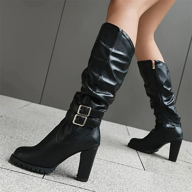 Winter Plush Slouch Buckle Belt Knee High Boots Women Chunky Heels Dress Party Ladies Brown Pleated Microfiber Zipper Long Boots