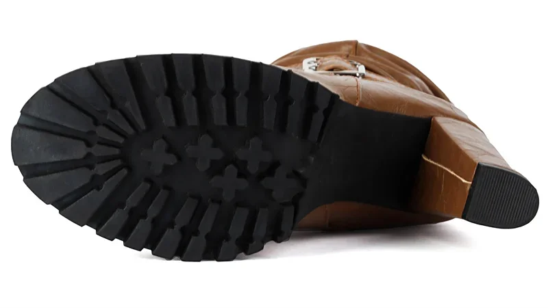 Winter Plush Slouch Buckle Belt Knee High Boots Women Chunky Heels Dress Party Ladies Brown Pleated Microfiber Zipper Long Boots