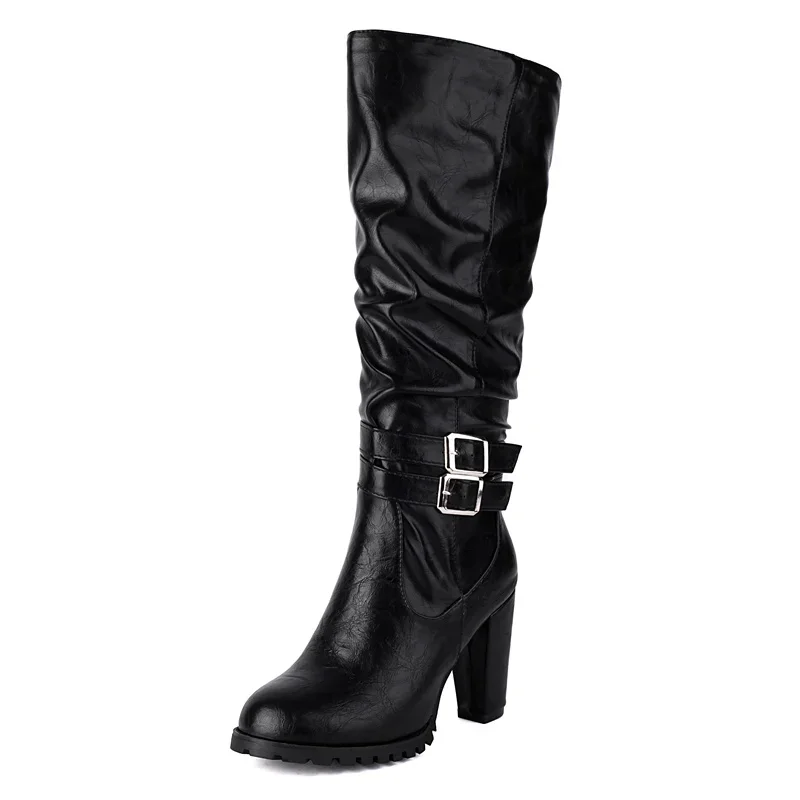 Winter Plush Slouch Buckle Belt Knee High Boots Women Chunky Heels Dress Party Ladies Brown Pleated Microfiber Zipper Long Boots