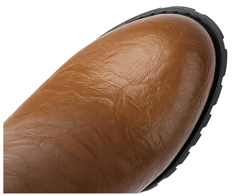 Winter Plush Slouch Buckle Belt Knee High Boots Women Chunky Heels Dress Party Ladies Brown Pleated Microfiber Zipper Long Boots