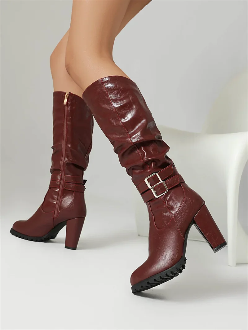 Winter Plush Slouch Buckle Belt Knee High Boots Women Chunky Heels Dress Party Ladies Brown Pleated Microfiber Zipper Long Boots