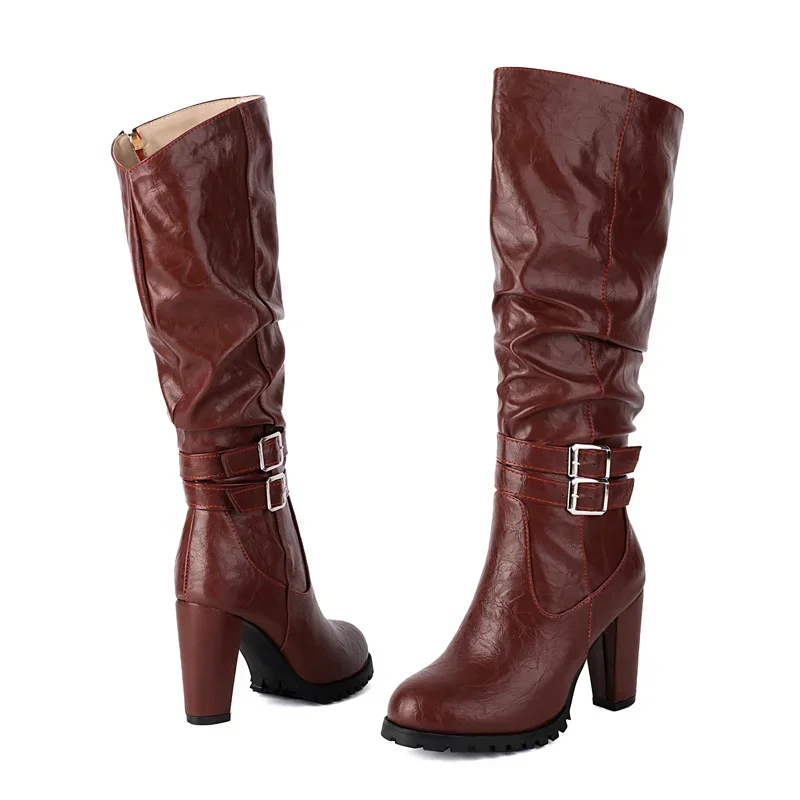 Winter Plush Slouch Buckle Belt Knee High Boots Women Chunky Heels Dress Party Ladies Brown Pleated Microfiber Zipper Long Boots