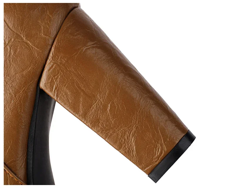 Winter Plush Slouch Buckle Belt Knee High Boots Women Chunky Heels Dress Party Ladies Brown Pleated Microfiber Zipper Long Boots