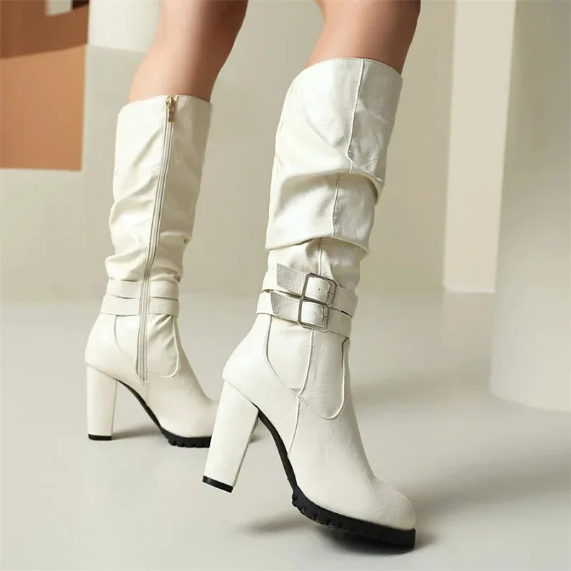 Winter Plush Slouch Buckle Belt Knee High Boots Women Chunky Heels Dress Party Ladies Brown Pleated Microfiber Zipper Long Boots