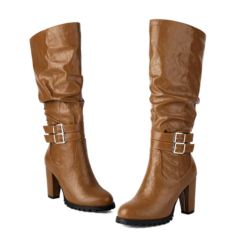Winter Plush Slouch Buckle Belt Knee High Boots Women Chunky Heels Dress Party Ladies Brown Pleated Microfiber Zipper Long Boots