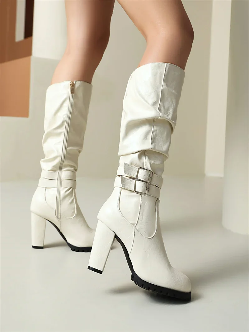 Winter Plush Slouch Buckle Belt Knee High Boots Women Chunky Heels Dress Party Ladies Brown Pleated Microfiber Zipper Long Boots