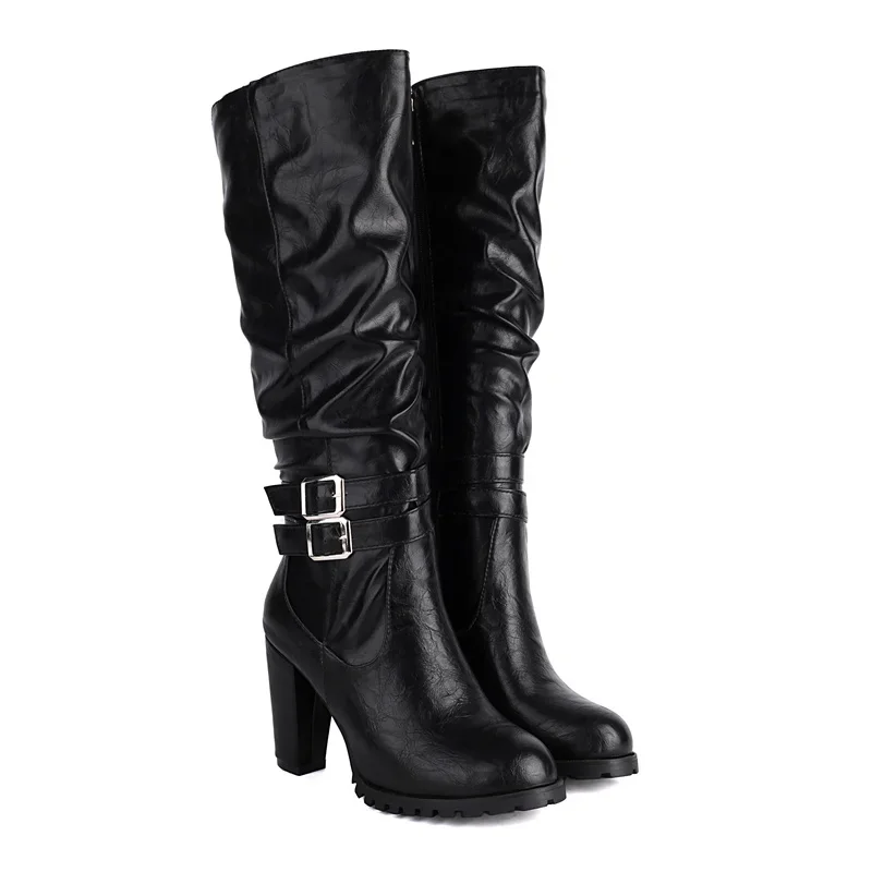 Winter Plush Slouch Buckle Belt Knee High Boots Women Chunky Heels Dress Party Ladies Brown Pleated Microfiber Zipper Long Boots