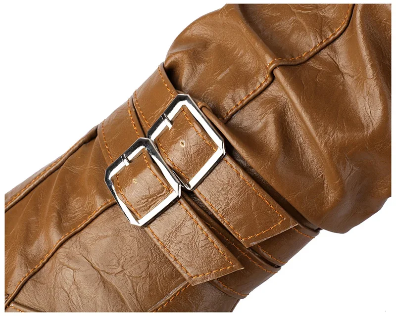 Winter Plush Slouch Buckle Belt Knee High Boots Women Chunky Heels Dress Party Ladies Brown Pleated Microfiber Zipper Long Boots