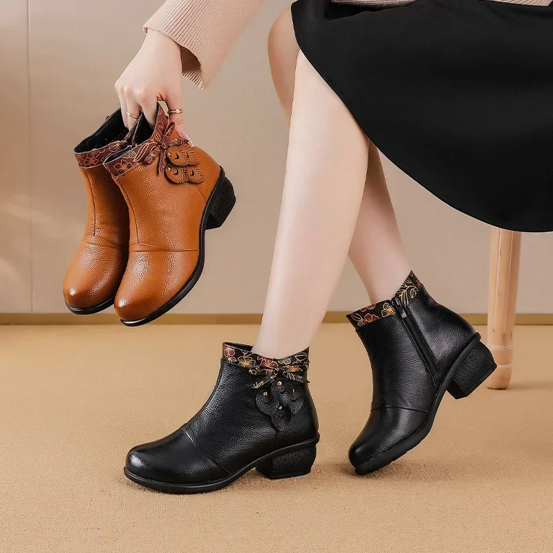 Top Layer Cowhide Short Boots Women's Autumn Winter New Style Retro Ethnic Splicing Thick Heel Buckle Versatile Booties