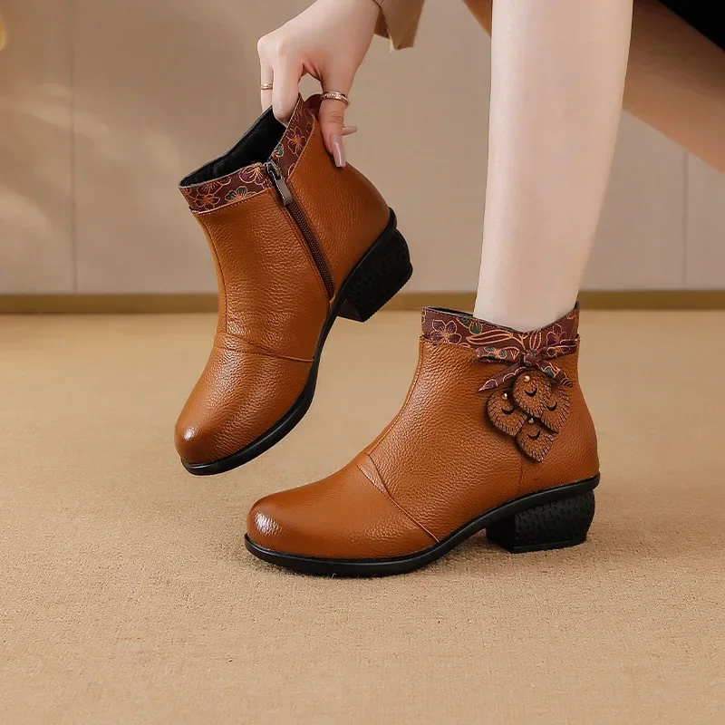 Top Layer Cowhide Short Boots Women's Autumn Winter New Style Retro Ethnic Splicing Thick Heel Buckle Versatile Booties