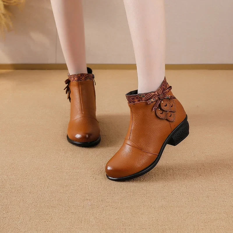 Top Layer Cowhide Short Boots Women's Autumn Winter New Style Retro Ethnic Splicing Thick Heel Buckle Versatile Booties