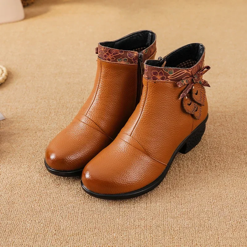 Top Layer Cowhide Short Boots Women's Autumn Winter New Style Retro Ethnic Splicing Thick Heel Buckle Versatile Booties