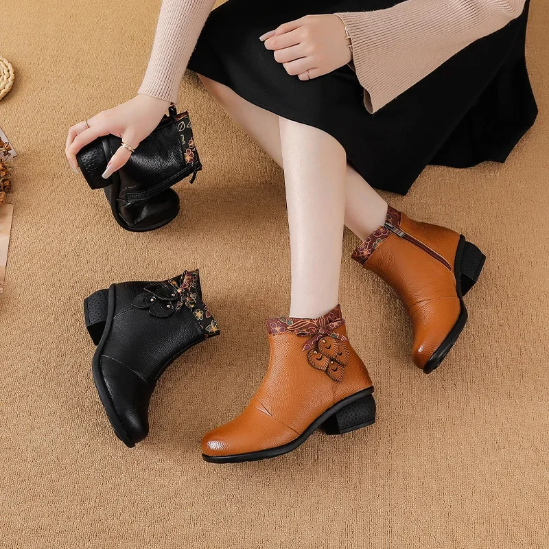 Top Layer Cowhide Short Boots Women's Autumn Winter New Style Retro Ethnic Splicing Thick Heel Buckle Versatile Booties
