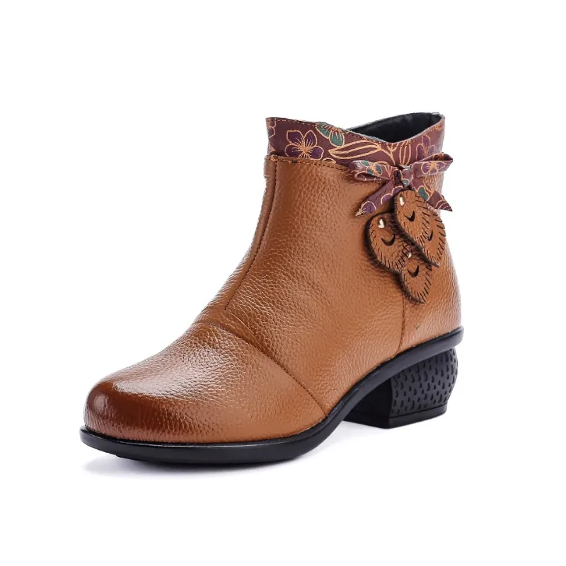 Top Layer Cowhide Short Boots Women’s Autumn Winter New Style Retro Ethnic Splicing Thick Heel Buckle Versatile Booties Top Layer Cowhide Short Boots Women's Autumn Winter New Style Retro Ethnic Splicing Thick Heel Buckle Versatile Booties