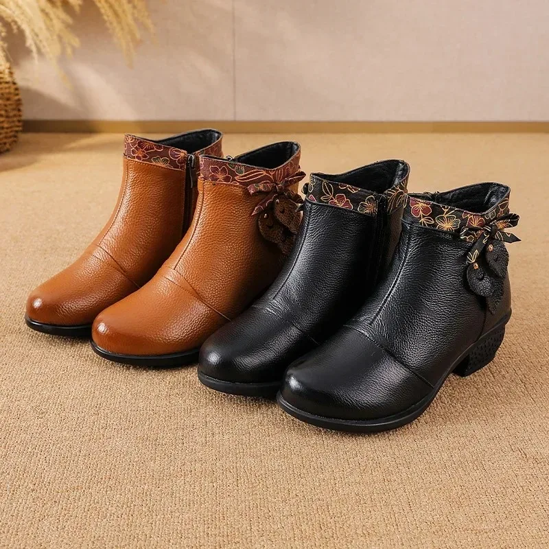 Top Layer Cowhide Short Boots Women’s Autumn Winter New Style Retro Ethnic Splicing Thick Heel Buckle Versatile Booties Top Layer Cowhide Short Boots Women's Autumn Winter New Style Retro Ethnic Splicing Thick Heel Buckle Versatile Booties