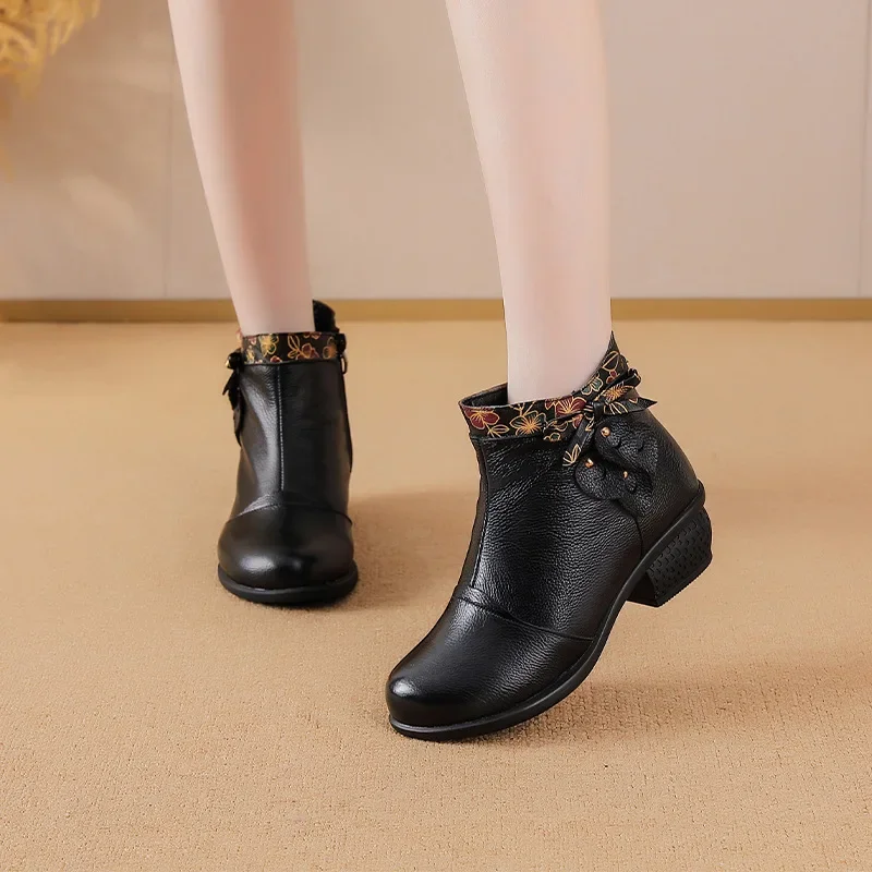 Top Layer Cowhide Short Boots Women's Autumn Winter New Style Retro Ethnic Splicing Thick Heel Buckle Versatile Booties