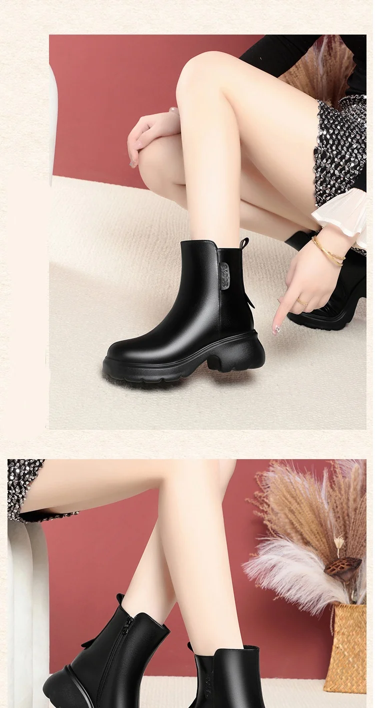6cm British Style Fall Winter Soft Leather Boots Women's Platform Shoes Elegant Block Heels Warm Fur Ankle Boots Office Mom