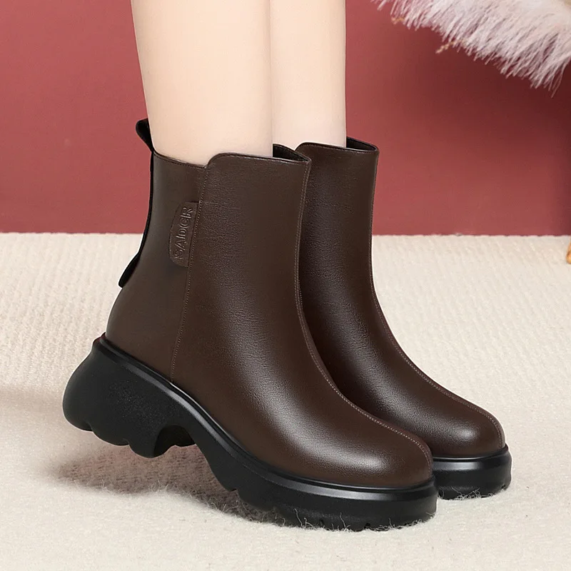 6cm British Style Fall Winter Soft Leather Boots Women's Platform Shoes Elegant Block Heels Warm Fur Ankle Boots Office Mom