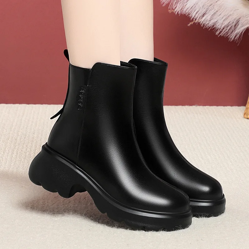 6cm British Style Fall Winter Soft Leather Boots Women's Platform Shoes Elegant Block Heels Warm Fur Ankle Boots Office Mom