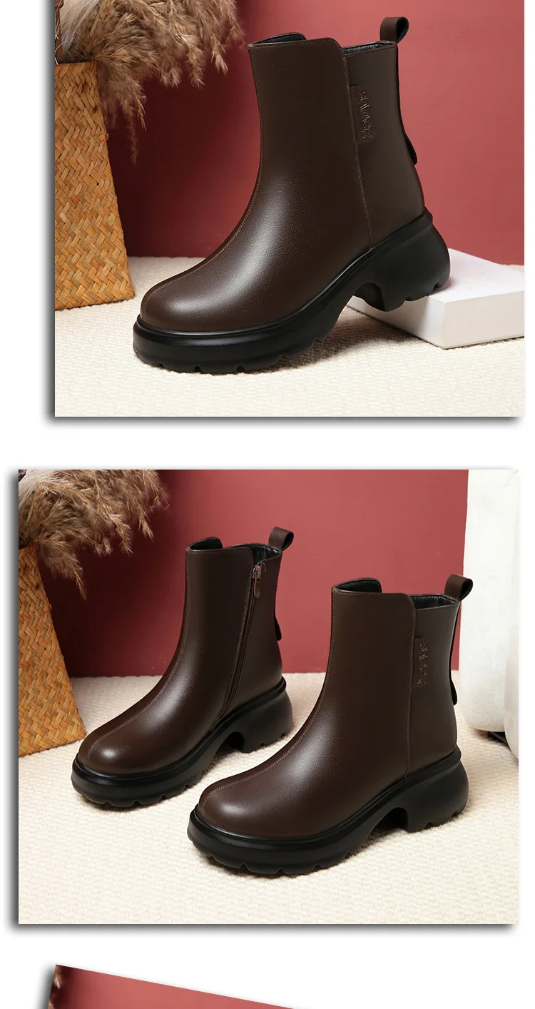 6cm British Style Fall Winter Soft Leather Boots Women's Platform Shoes Elegant Block Heels Warm Fur Ankle Boots Office Mom