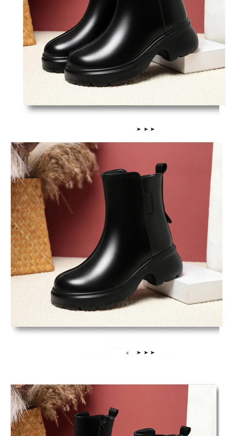 6cm British Style Fall Winter Soft Leather Boots Women's Platform Shoes Elegant Block Heels Warm Fur Ankle Boots Office Mom