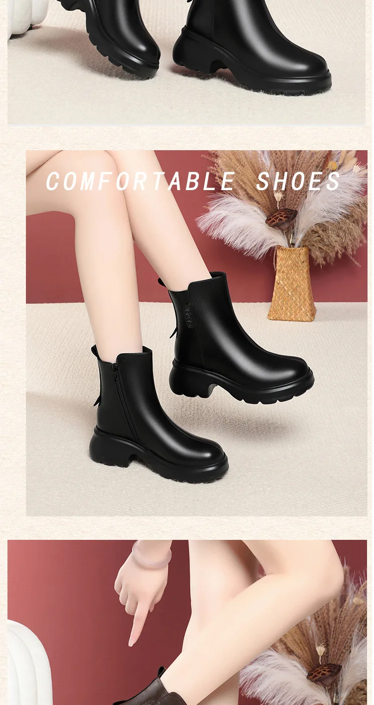 6cm British Style Fall Winter Soft Leather Boots Women's Platform Shoes Elegant Block Heels Warm Fur Ankle Boots Office Mom