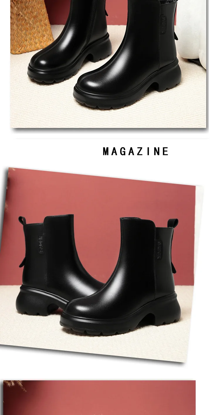 6cm British Style Fall Winter Soft Leather Boots Women's Platform Shoes Elegant Block Heels Warm Fur Ankle Boots Office Mom