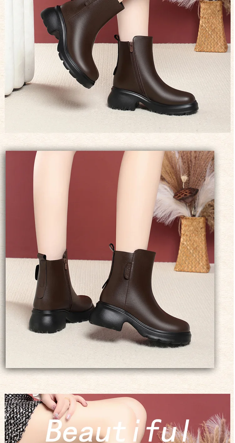6cm British Style Fall Winter Soft Leather Boots Women's Platform Shoes Elegant Block Heels Warm Fur Ankle Boots Office Mom