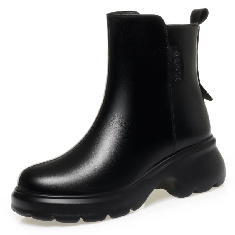 6cm British Style Fall Winter Soft Leather Boots Women's Platform Shoes Elegant Block Heels Warm Fur Ankle Boots Office Mom