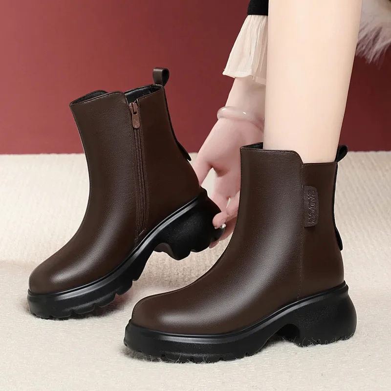 6cm British Style Fall Winter Soft Leather Boots Women's Platform Shoes Elegant Block Heels Warm Fur Ankle Boots Office Mom
