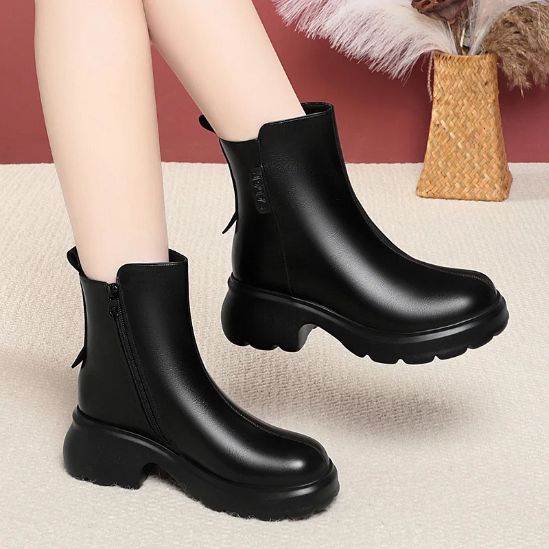 6cm British Style Fall Winter Soft Leather Boots Women's Platform Shoes Elegant Block Heels Warm Fur Ankle Boots Office Mom