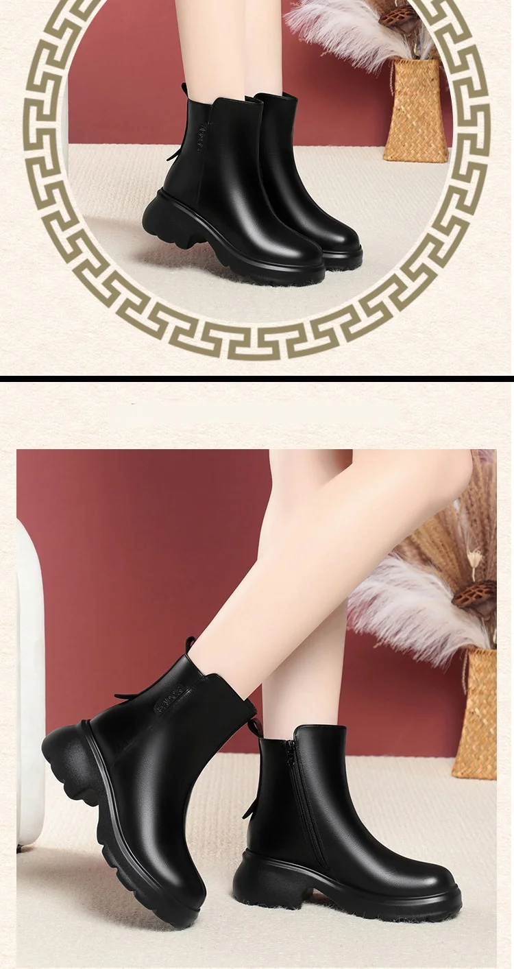6cm British Style Fall Winter Soft Leather Boots Women's Platform Shoes Elegant Block Heels Warm Fur Ankle Boots Office Mom