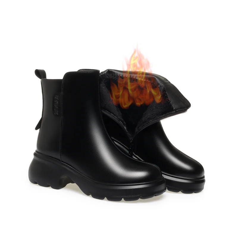 6cm British Style Fall Winter Soft Leather Boots Women's Platform Shoes Elegant Block Heels Warm Fur Ankle Boots Office Mom