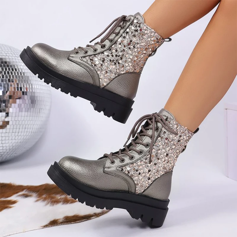 Fashion Shiny Bling Boots Women Spring Autumn Plus Size Platform Ankle Boots Woman Lace Up Thick Heel Street Style Booties Mujer Fashion Shiny Bling Boots Women Spring Autumn Plus Size Platform Ankle Boots Woman Lace Up Thick Heel Street Style Booties Mujer