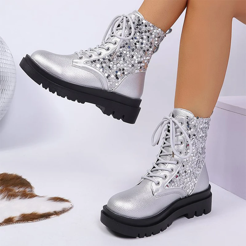 Fashion Shiny Bling Boots Women Spring Autumn Plus Size Platform Ankle Boots Woman Lace Up Thick Heel Street Style Booties Mujer Fashion Shiny Bling Boots Women Spring Autumn Plus Size Platform Ankle Boots Woman Lace Up Thick Heel Street Style Booties Mujer