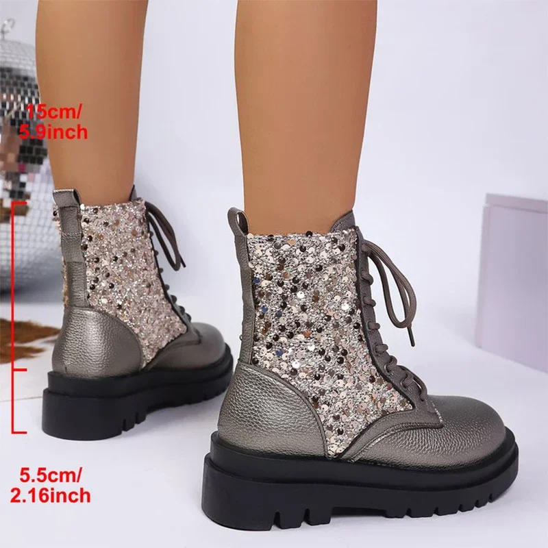 Fashion Shiny Bling Boots Women Spring Autumn Plus Size Platform Ankle Boots Woman Lace Up Thick Heel Street Style Booties Mujer Fashion Shiny Bling Boots Women Spring Autumn Plus Size Platform Ankle Boots Woman Lace Up Thick Heel Street Style Booties Mujer