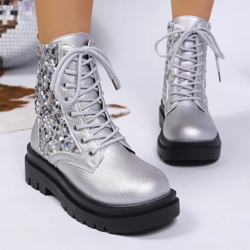 Fashion Shiny Bling Boots Women Spring Autumn Plus Size Platform Ankle Boots Woman Lace Up Thick Heel Street Style Booties Mujer Fashion Shiny Bling Boots Women Spring Autumn Plus Size Platform Ankle Boots Woman Lace Up Thick Heel Street Style Booties Mujer