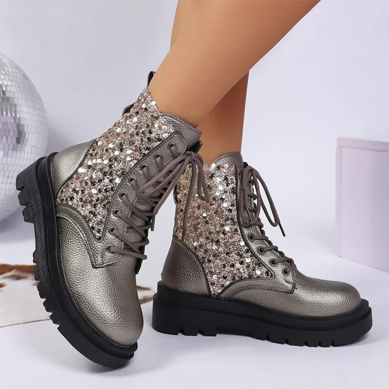 Fashion Shiny Bling Boots Women Spring Autumn Plus Size Platform Ankle Boots Woman Lace Up Thick Heel Street Style Booties Mujer Fashion Shiny Bling Boots Women Spring Autumn Plus Size Platform Ankle Boots Woman Lace Up Thick Heel Street Style Booties Mujer