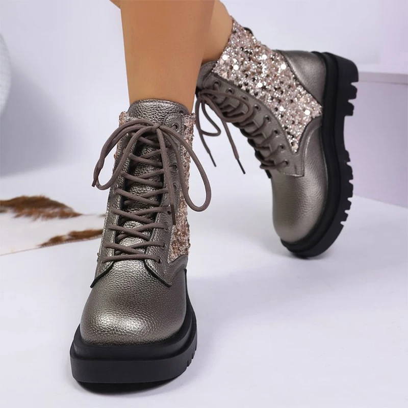 Fashion Shiny Bling Boots Women Spring Autumn Plus Size Platform Ankle Boots Woman Lace Up Thick Heel Street Style Booties Mujer Fashion Shiny Bling Boots Women Spring Autumn Plus Size Platform Ankle Boots Woman Lace Up Thick Heel Street Style Booties Mujer