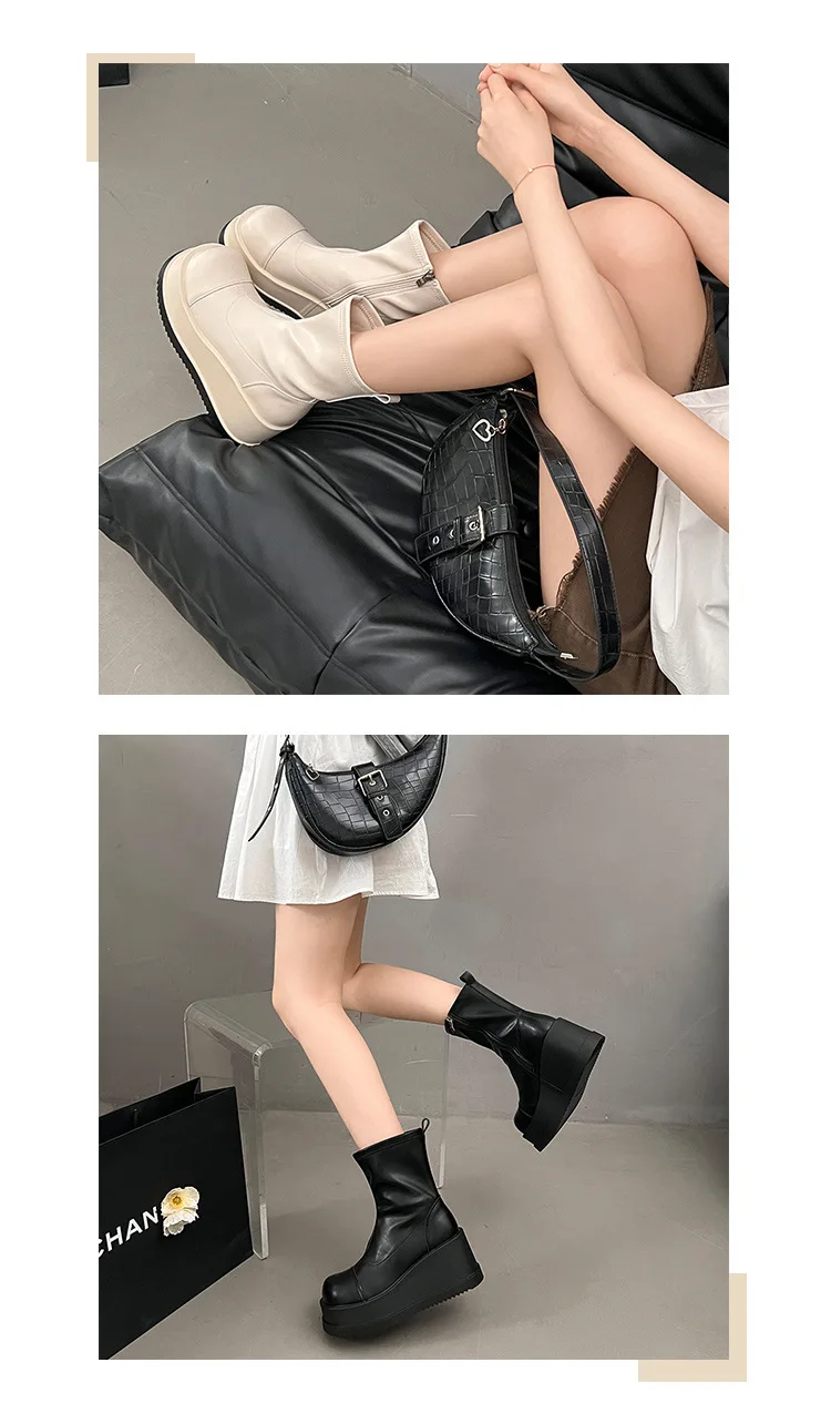 British Style Thick Bottom Round Head Ankle Boots for Women Female Autumn Thick Bottom Gothic High Heels Women's Short Boots