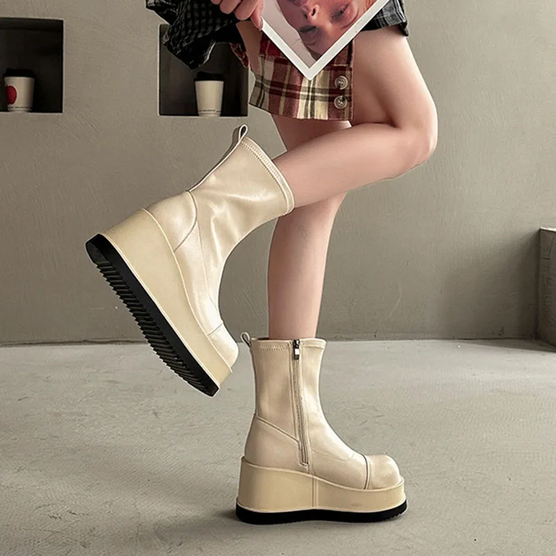 British Style Thick Bottom Round Head Ankle Boots for Women Female Autumn Thick Bottom Gothic High Heels Women's Short Boots