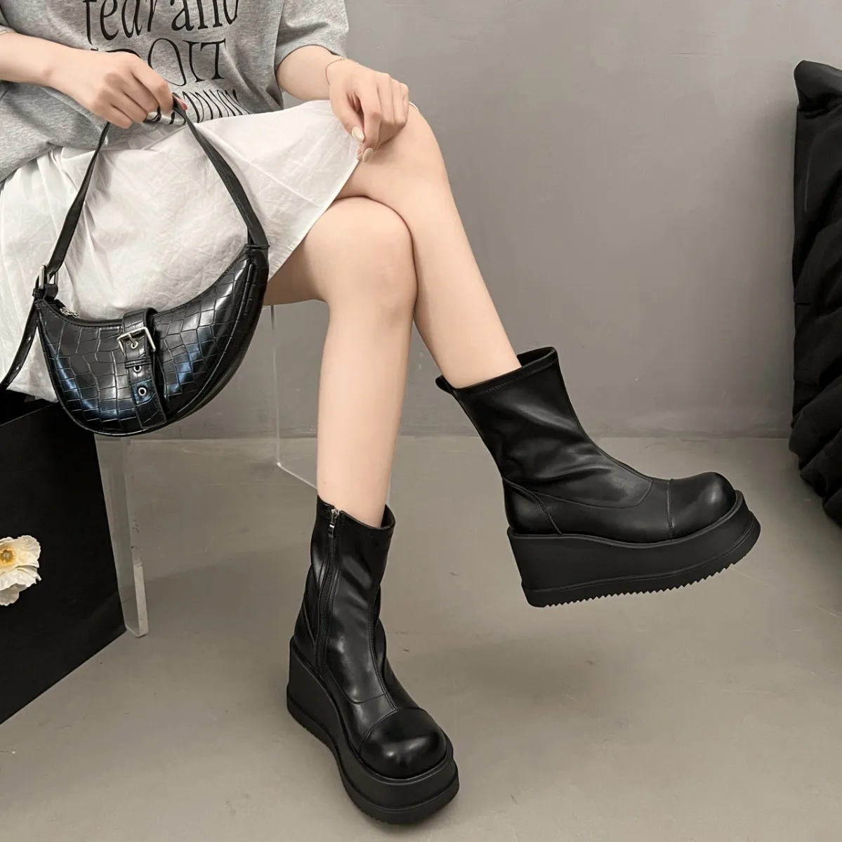 British Style Thick Bottom Round Head Ankle Boots for Women Female Autumn Thick Bottom Gothic High Heels Women's Short Boots