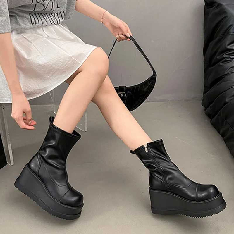British Style Thick Bottom Round Head Ankle Boots for Women Female Autumn Thick Bottom Gothic High Heels Women's Short Boots