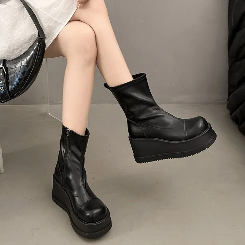 British Style Thick Bottom Round Head Ankle Boots for Women Female Autumn Thick Bottom Gothic High Heels Women's Short Boots