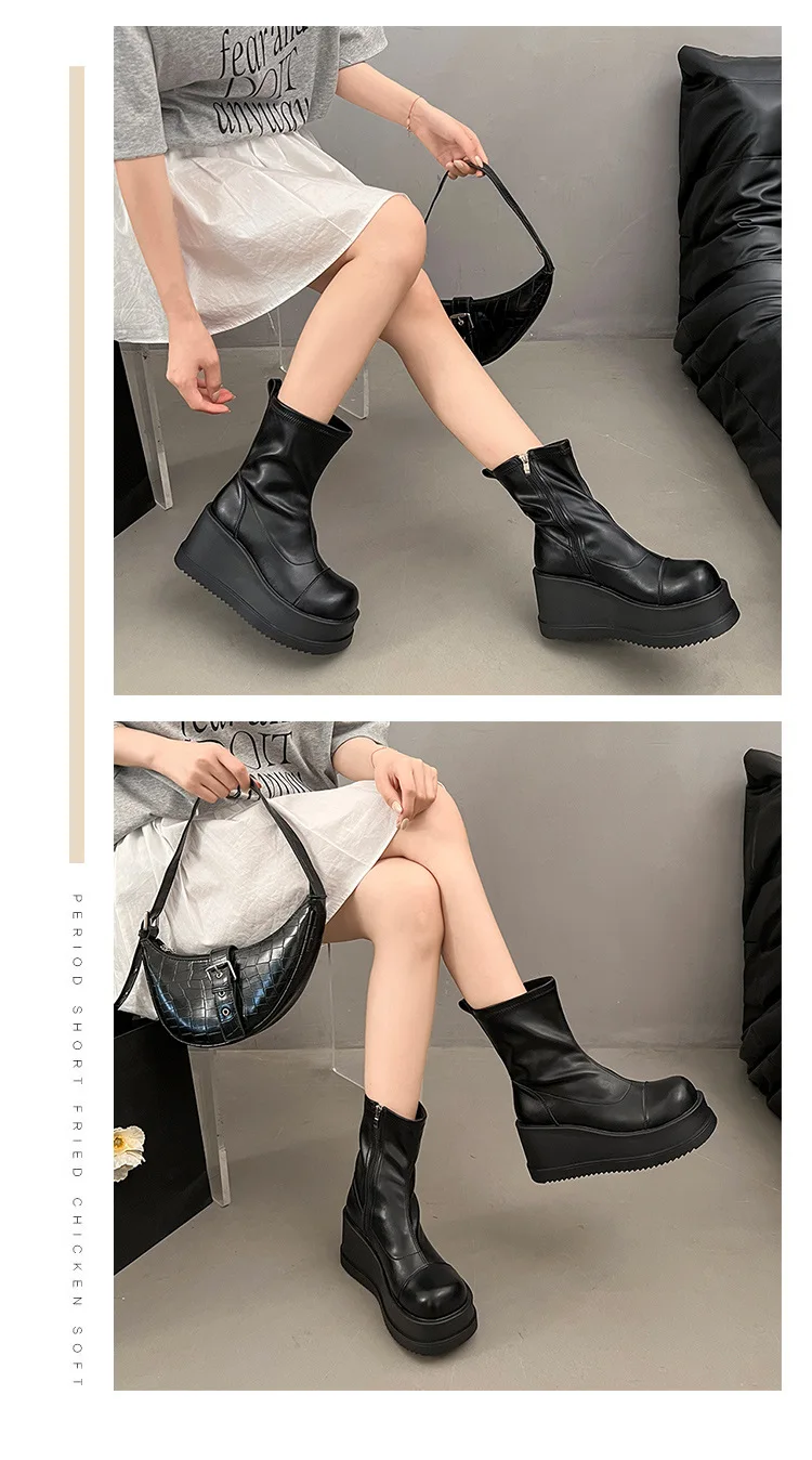 British Style Thick Bottom Round Head Ankle Boots for Women Female Autumn Thick Bottom Gothic High Heels Women's Short Boots