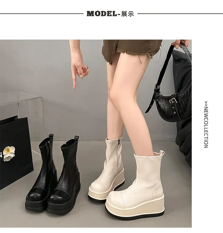 British Style Thick Bottom Round Head Ankle Boots for Women Female Autumn Thick Bottom Gothic High Heels Women's Short Boots