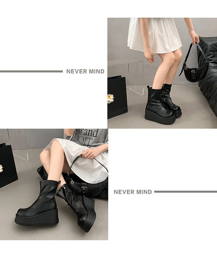 British Style Thick Bottom Round Head Ankle Boots for Women Female Autumn Thick Bottom Gothic High Heels Women's Short Boots