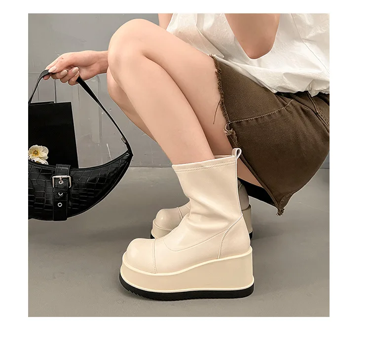 British Style Thick Bottom Round Head Ankle Boots for Women Female Autumn Thick Bottom Gothic High Heels Women's Short Boots