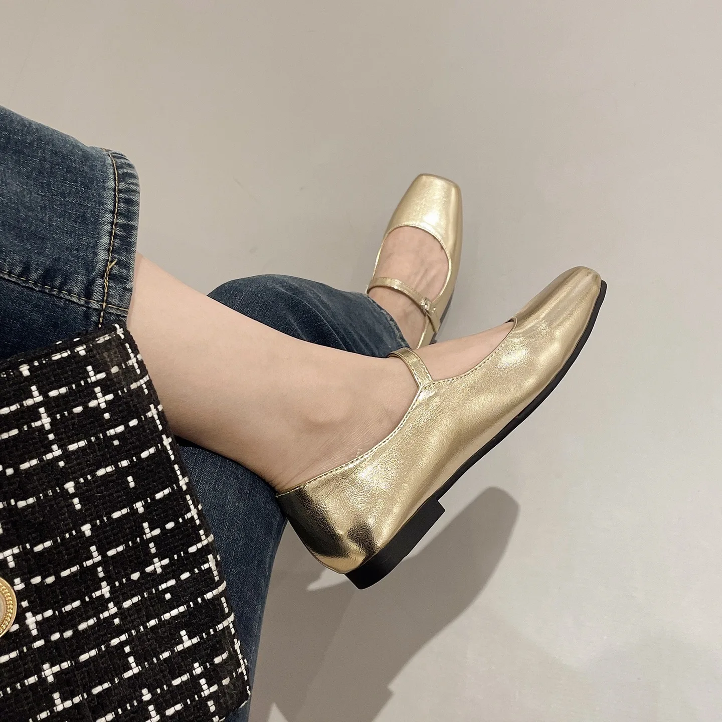 Square Toe Mary Jane Shoes Plus Size Women's Shoes 33-44 Summer Asaguchi Single Shoe Women's Commuter Ballet Flats