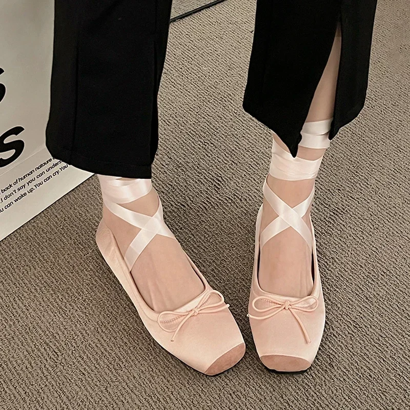 Luxury Lace Tie Leg Satin Silk Ballet Flats Woman Square Toe Bowknot Elastic Band Ballerinas Ladies Wedding Floral Shoes